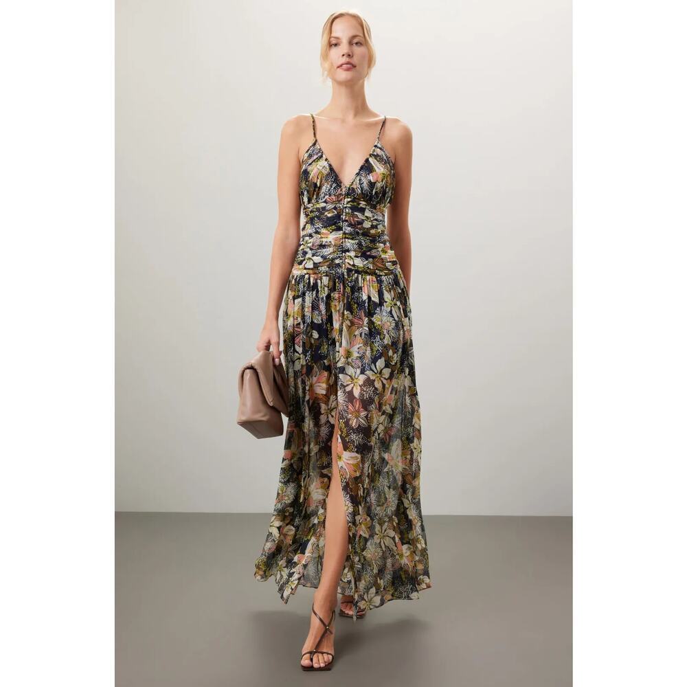 Tanya Taylor Lovette Dress Linen Silk Blend Floral Print Ruched Maxi A-Line XS
